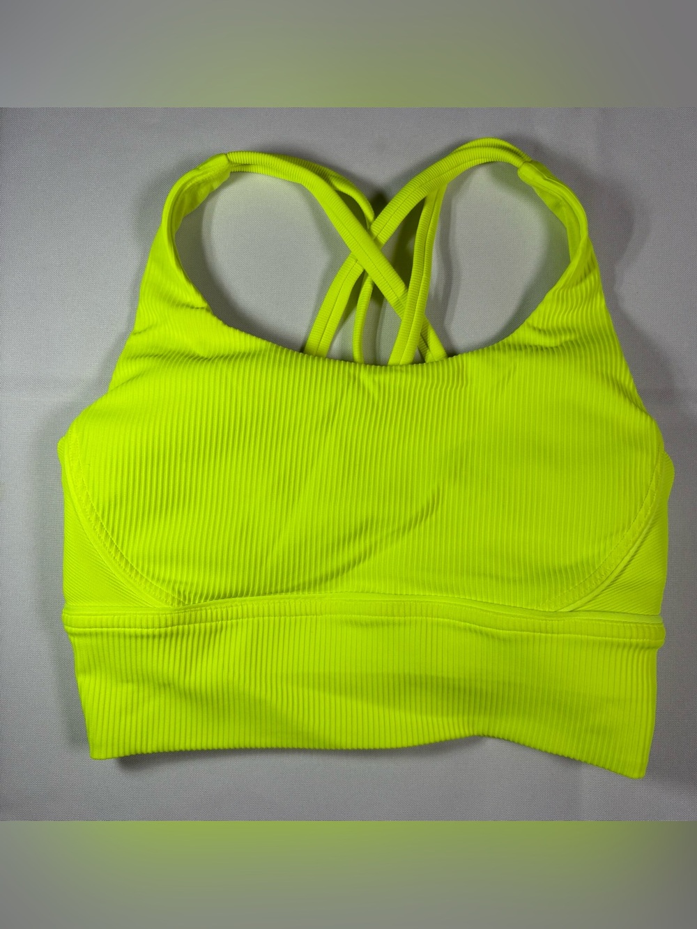 Lululemon Energy Bra Long Line Ribbed Neon Yellow Strappy Back Size 4